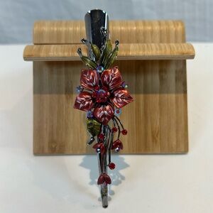 Red and Green Metal Jeweled Floral Hair Clip